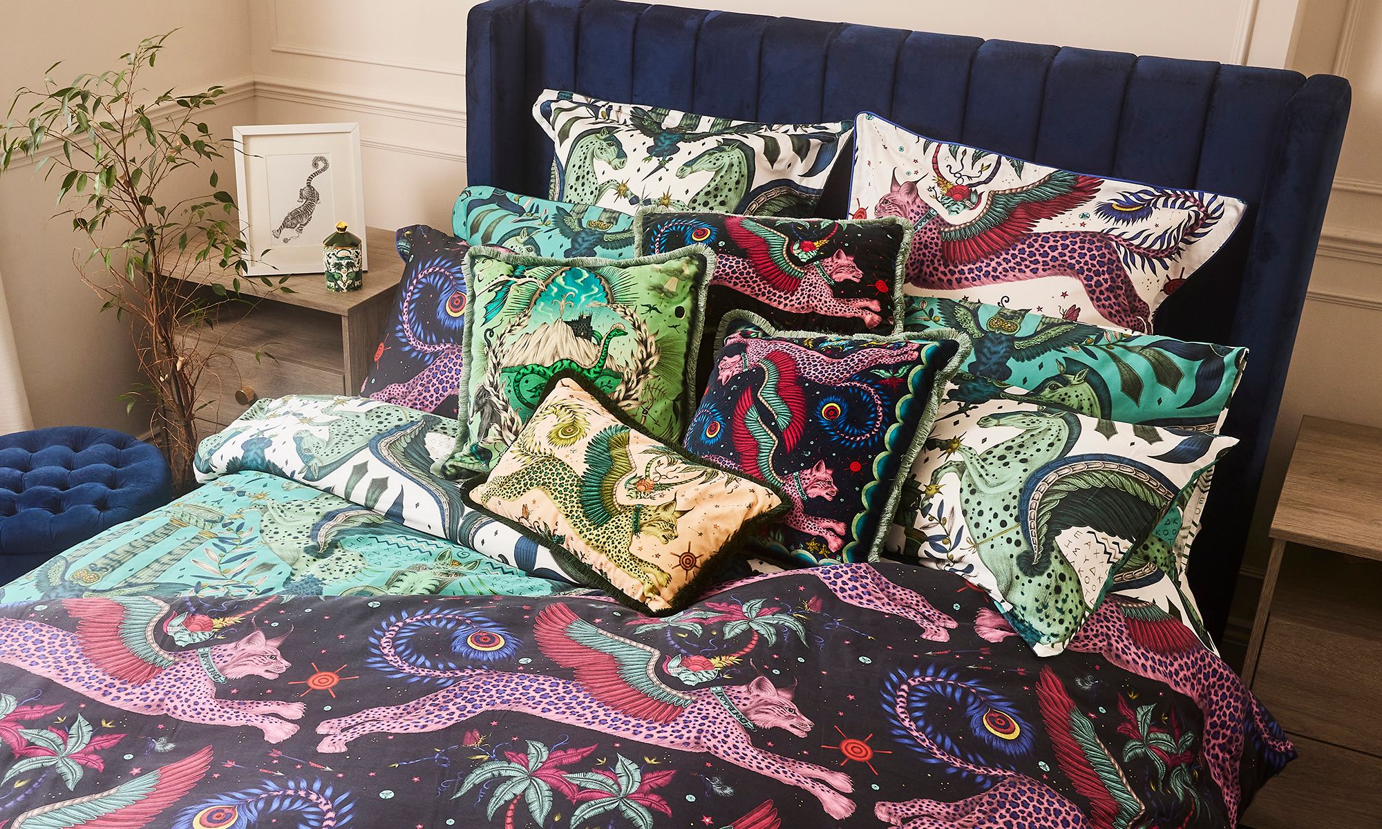 Image may contain: Cushion, Home Decor, Furniture, Pillow, Bed, Art, Painting, Plant, Animal, Bird, Chair, and Bed Sheet