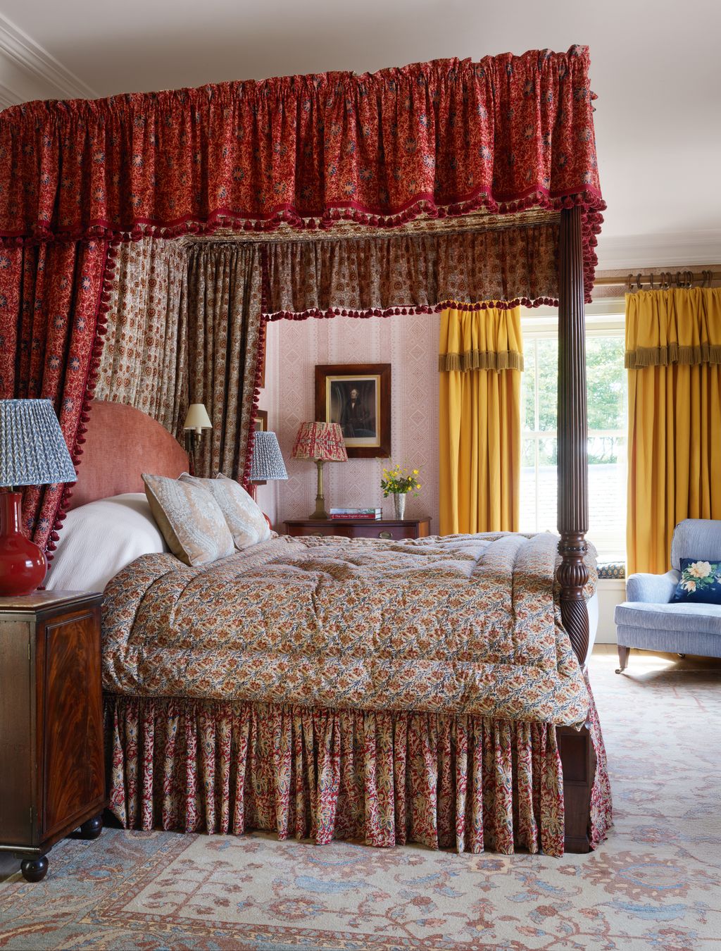 The spare room features curtains in a yellow Tinsmiths linen with a Houlès bullion fringe balance bed curtains a valance...