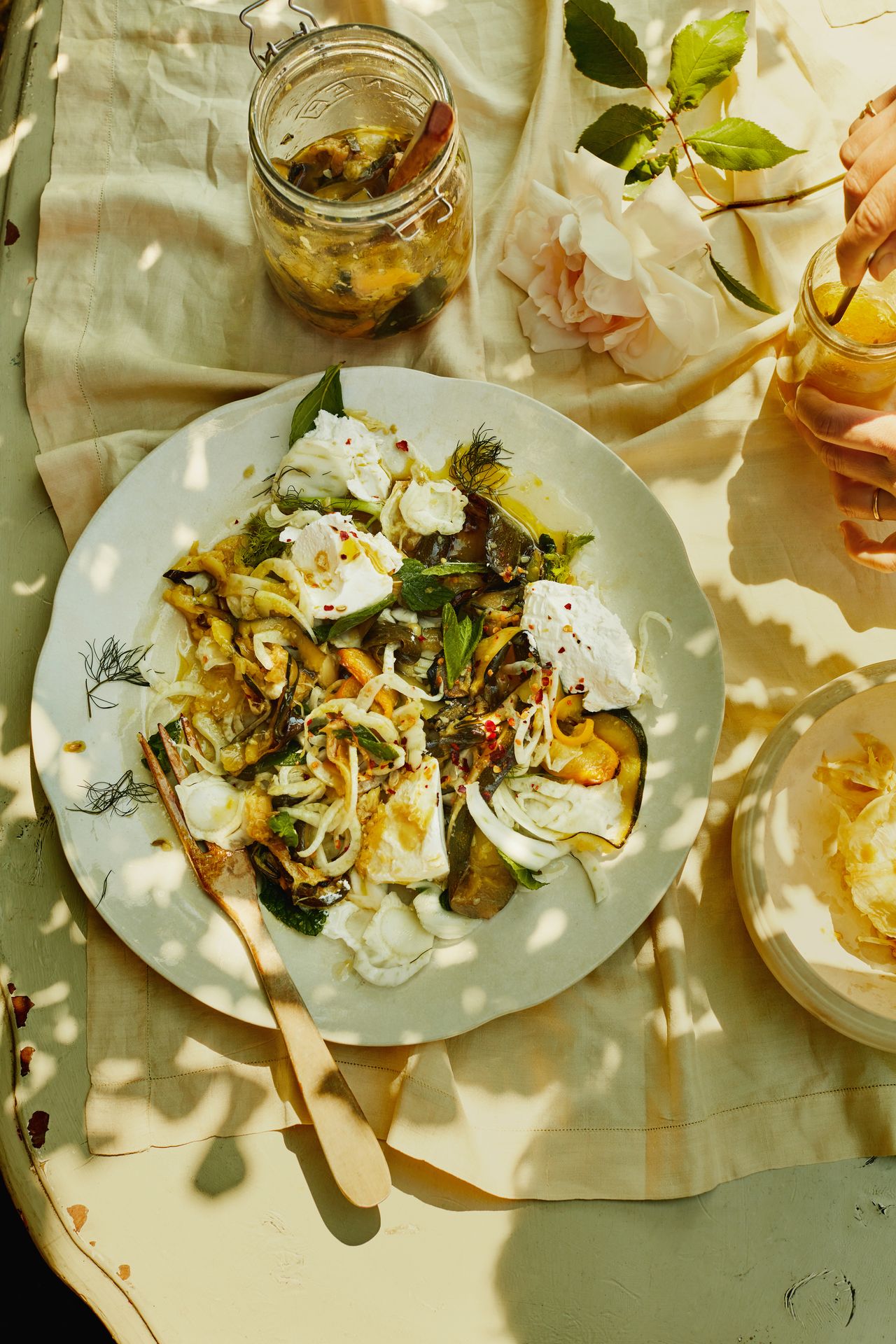 Courgette fennel roasted garlic and ricotta salad