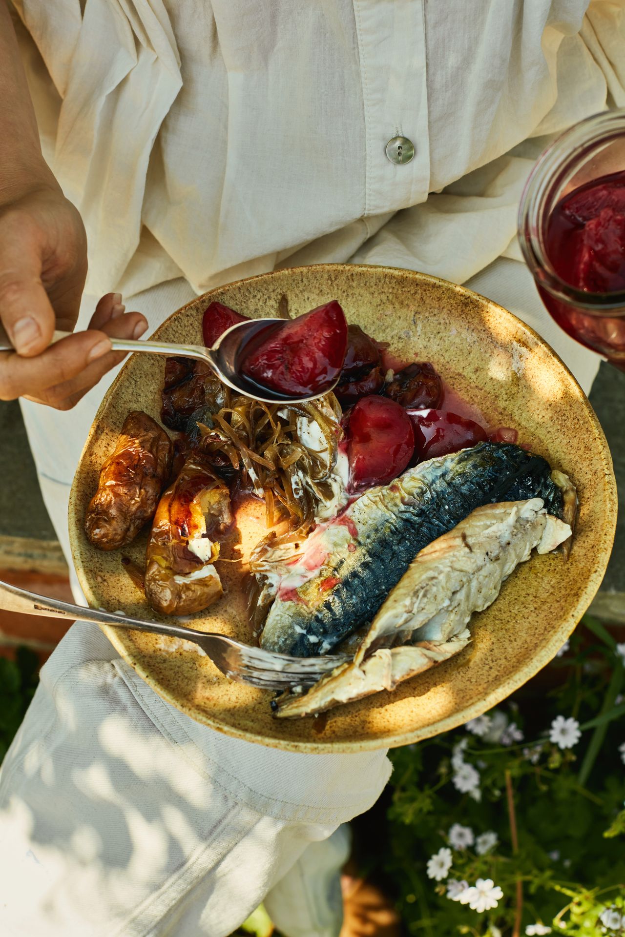 Mackerel sticky onions and pickled plums