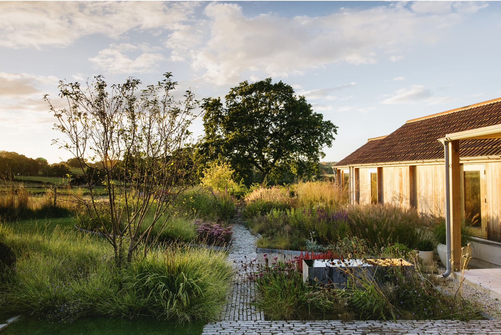 A path of stone pitchers runs the length of the garden drawing the eye to a mature oak beyond the boundary. Grasses and...
