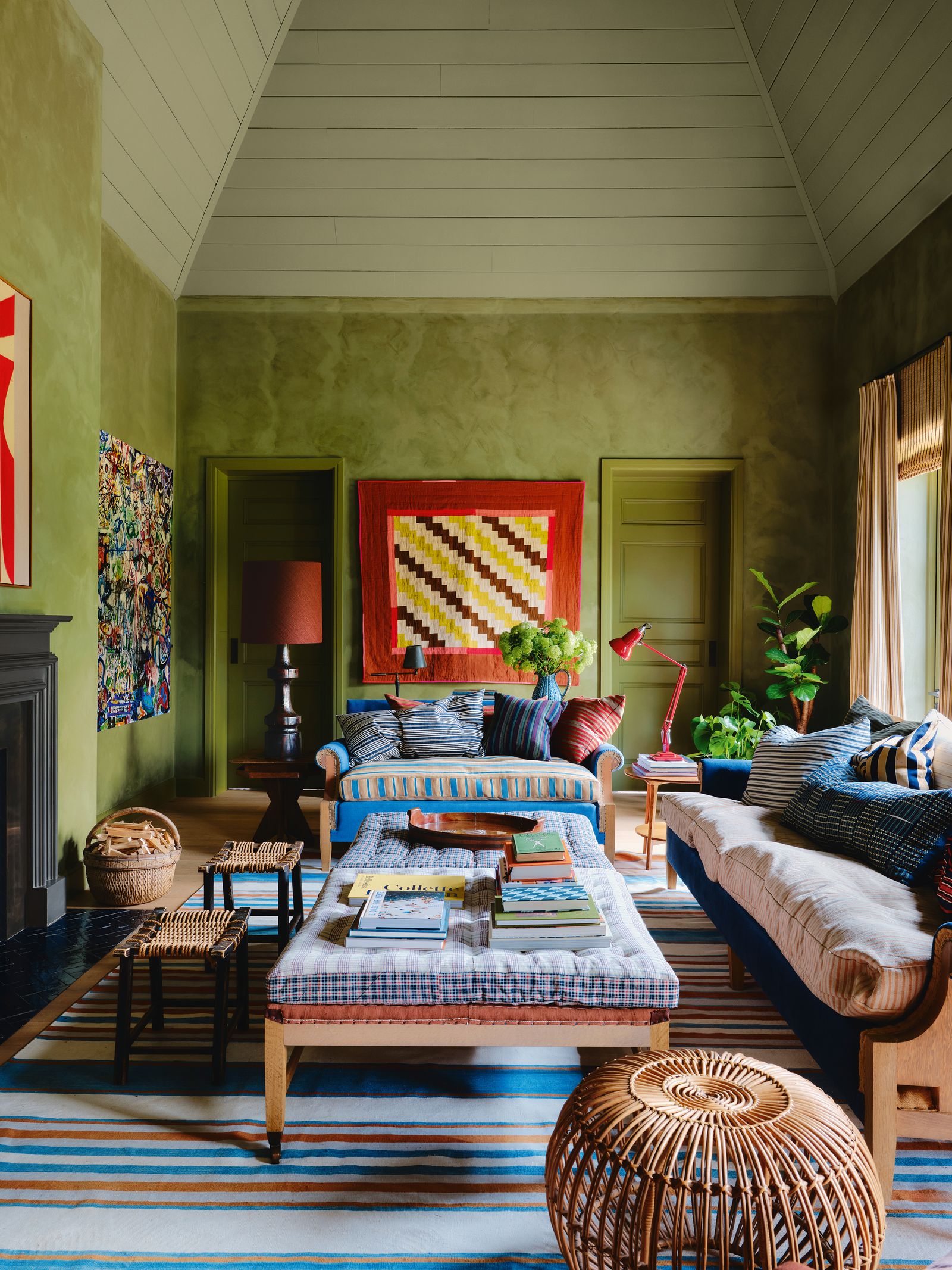 Walls in Pure amp Originals ‘Landscape fresco lime paint juxtapose lighter green panels in the family room of this Arts...