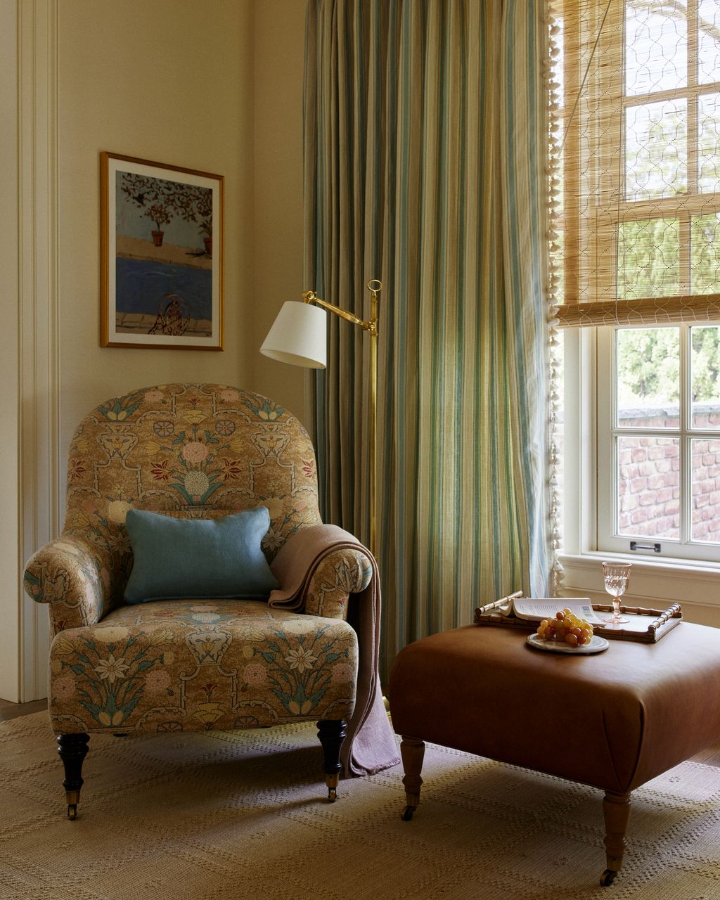 Both the ottoman and the armchair were made bespoke by Whittington  Company. The armchair is upholstered in Robert Kimes...