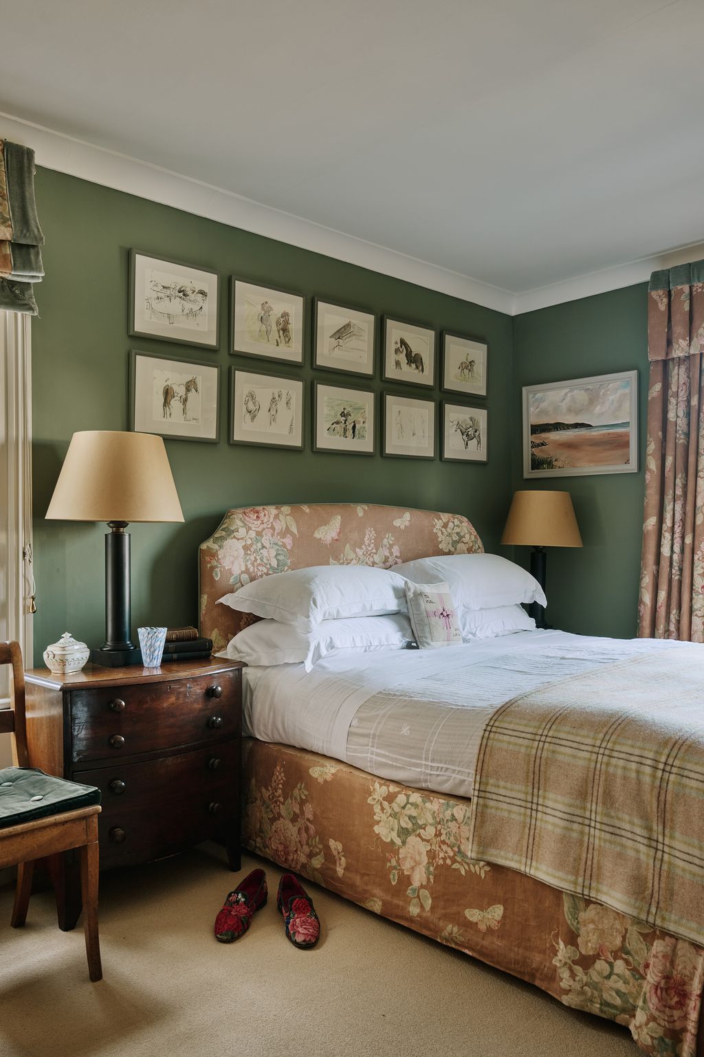 ‘Calke Green by Farrow Ball makes for a warm backdrop in the spare bedroom.