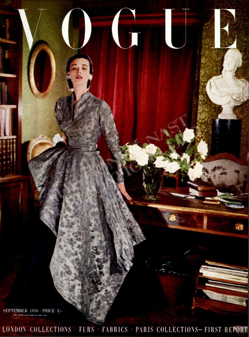 1950 Vogue cover featuring Dorian Leigh wearing a Victor Stiebel evening dress