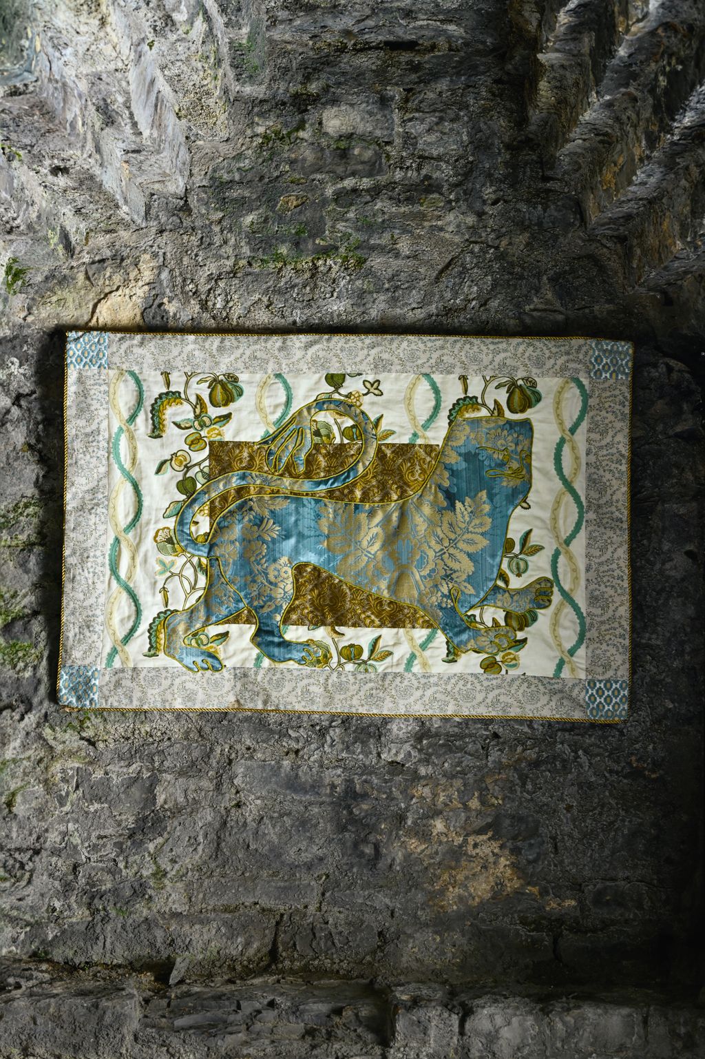 Border Spring blue ‘Jaujac Virelle linen 188 Inchyra edged in gold cotton mix ‘7mm Cord 30 Beaumont Fletcher. Corners...