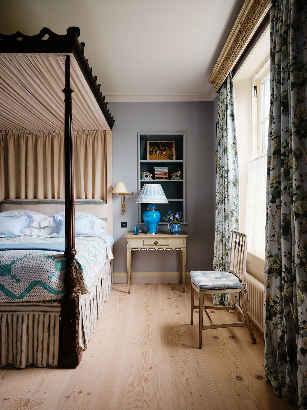 The main bedroom features an 18th Century English four poster bed which Serena bought at auction. ‘I always love the...
