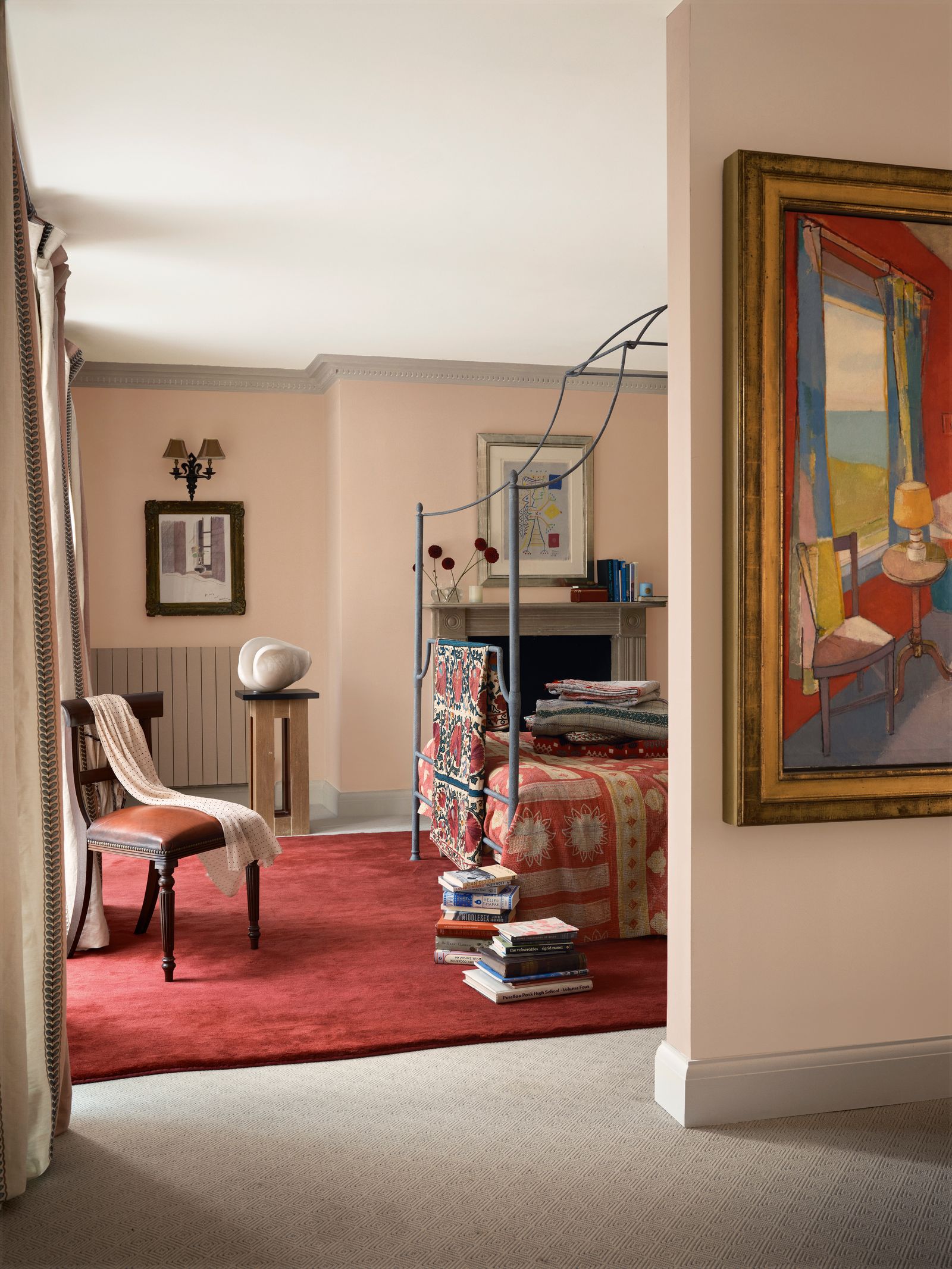 A rug vintage textiles and walls in Farrow amp Balls ‘Setting Plaster pick up on colours of artworks including a Jane...
