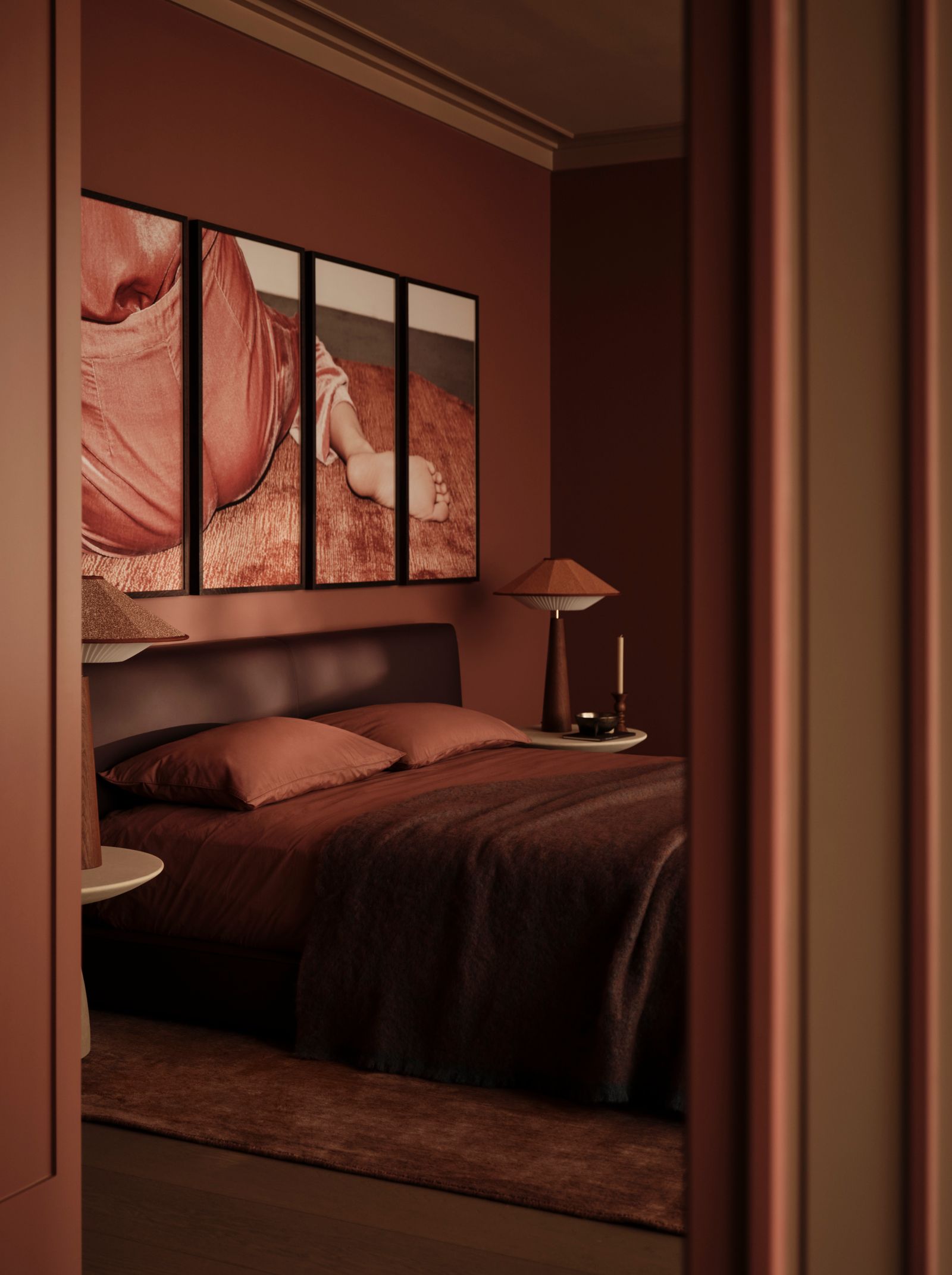 terracotta coloured bedroom in earthy London penthouse
