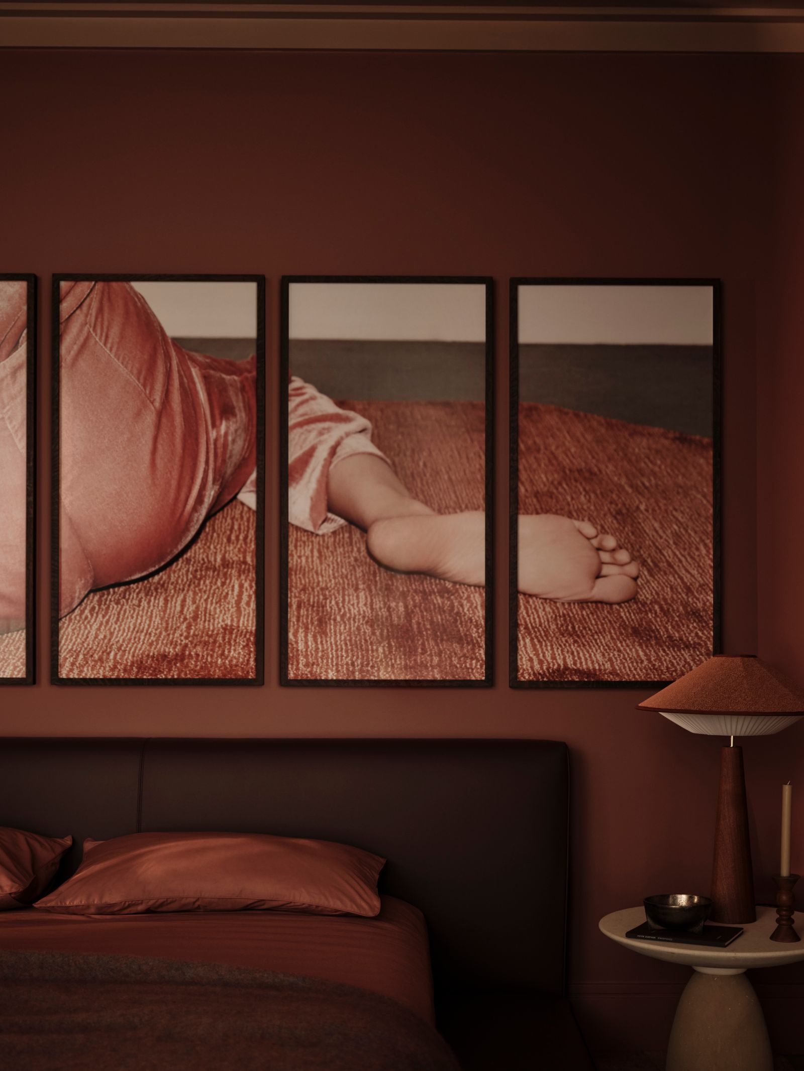 terracotta coloured bedroom in earthy London penthouse