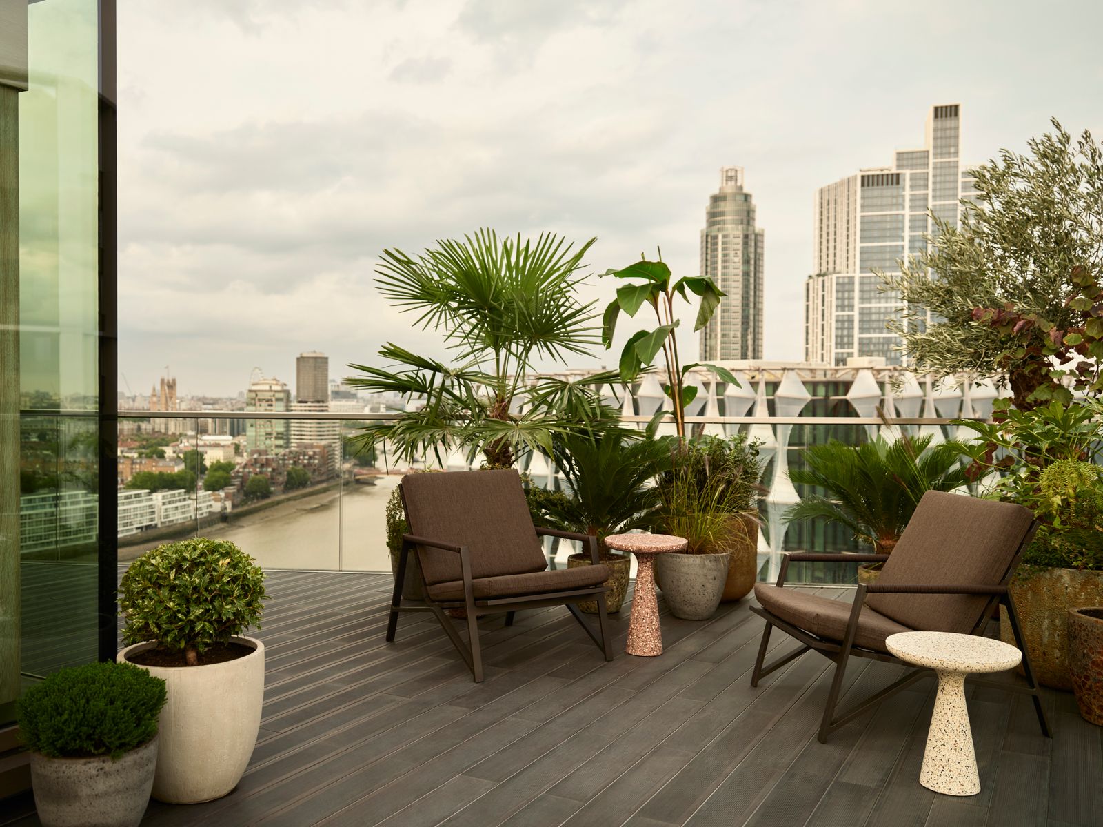 rooftop terrace of london penthouse in embassy gardens overlooking river thames