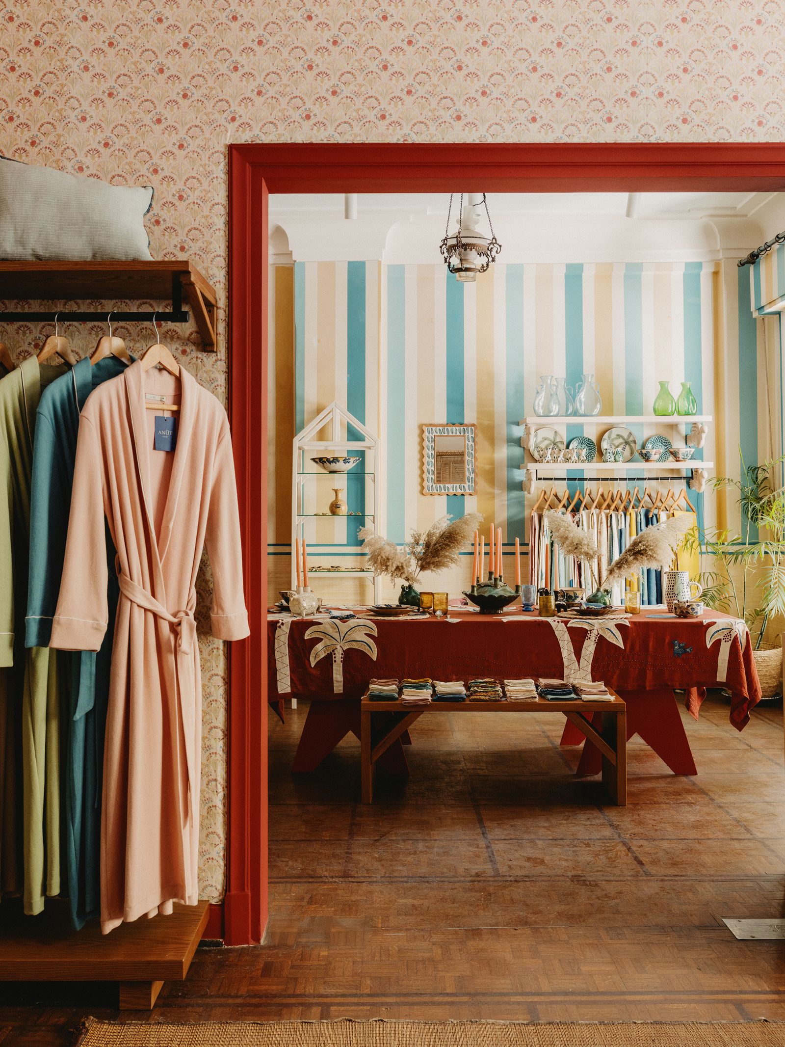 An appealing selection of fine linens ceramics glassware and other homeware on display at Anūt Cairos shop in Zamalek...