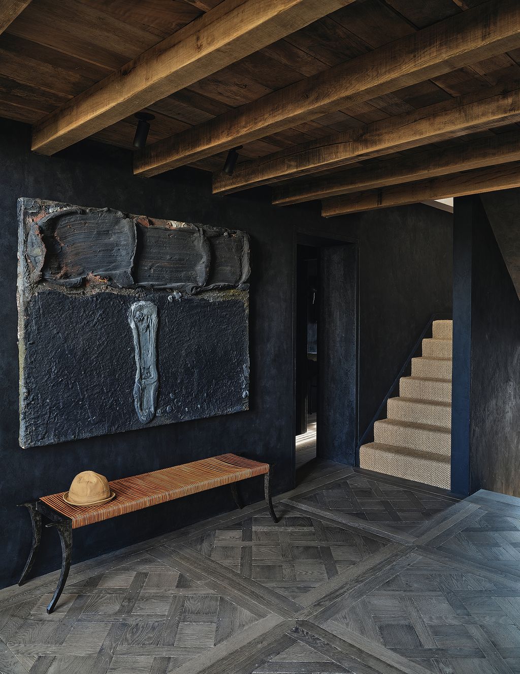 Image may contain Floor Wood Slate Flooring Indoors Interior Design Bench Furniture Architecture and Building